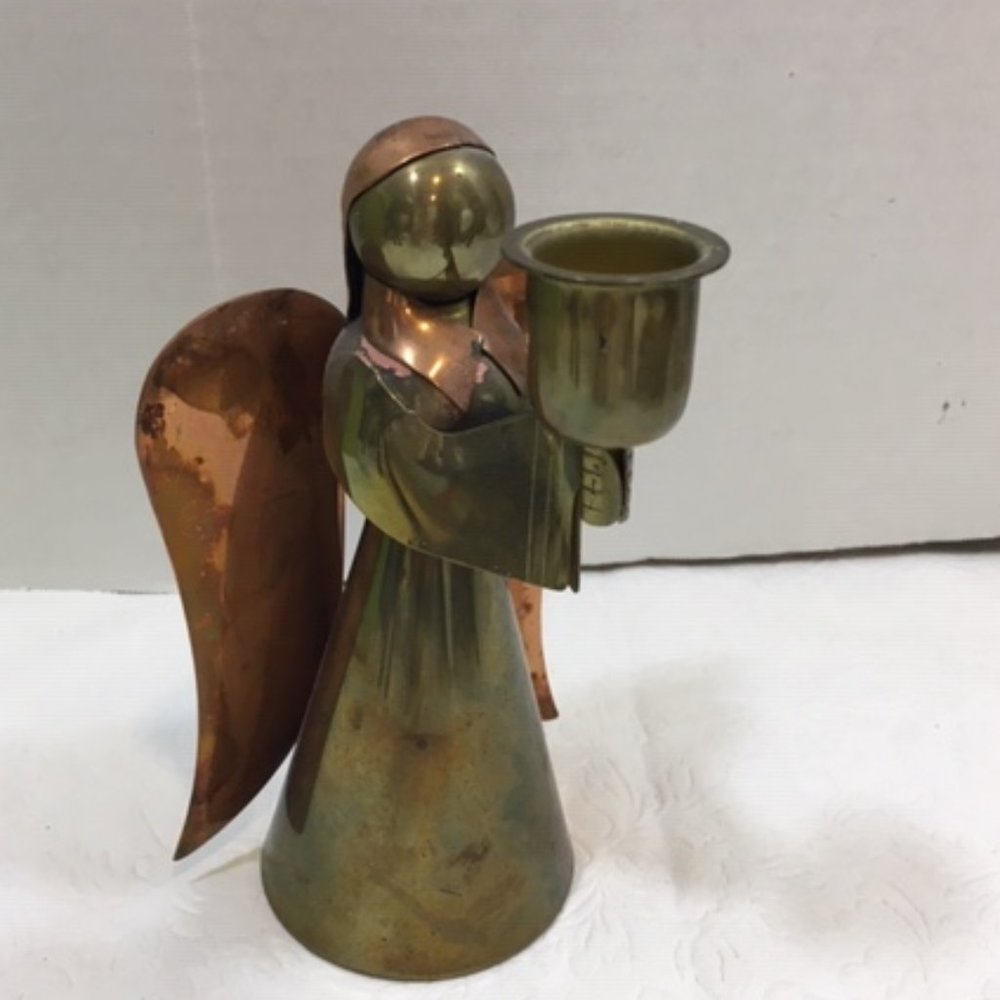 Brass Copper Angel Single Candle Holder Christmas 6" Vintage